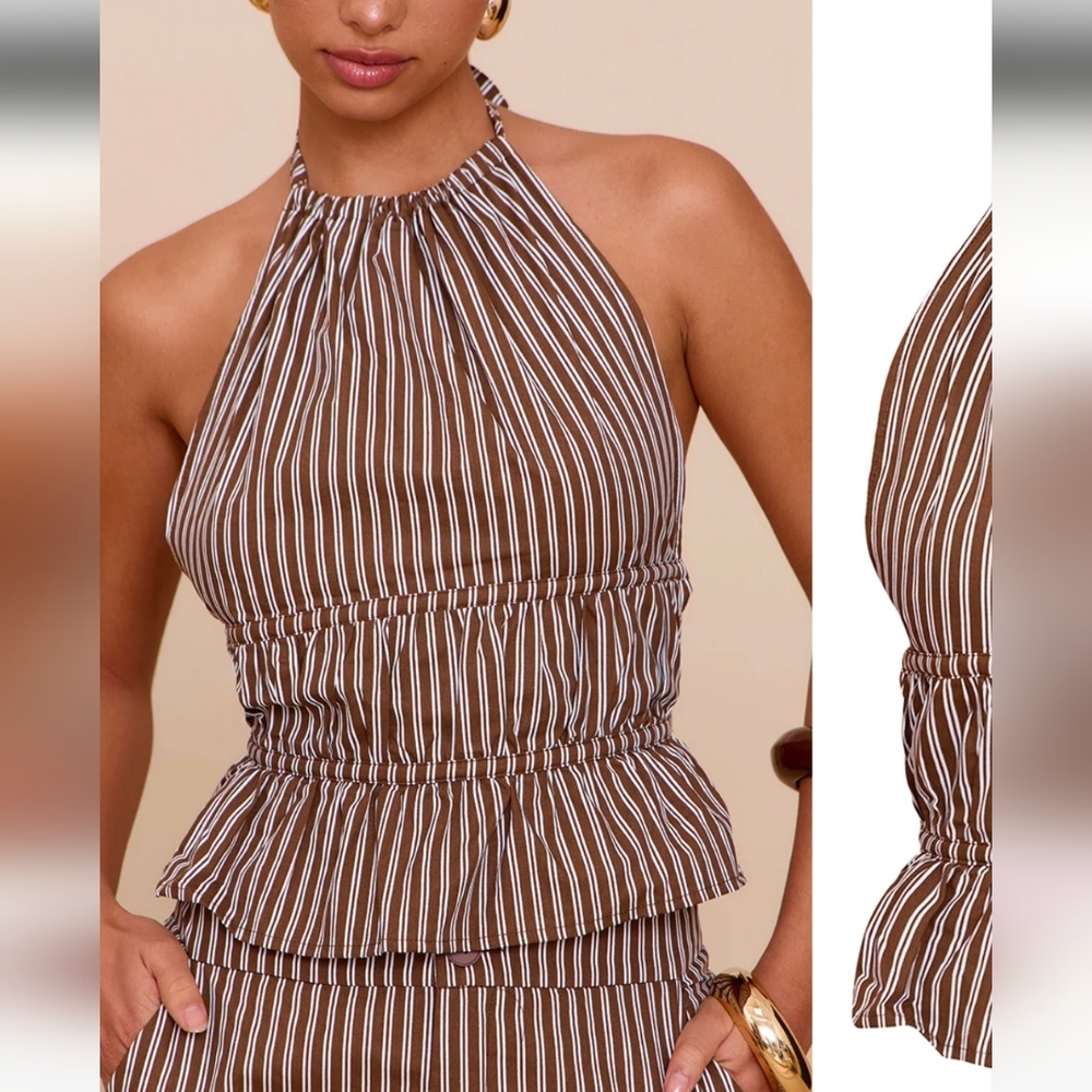 NWT PrettyLittleThing Brown Stripe Woven Ruched Backless Halterneck Long Top